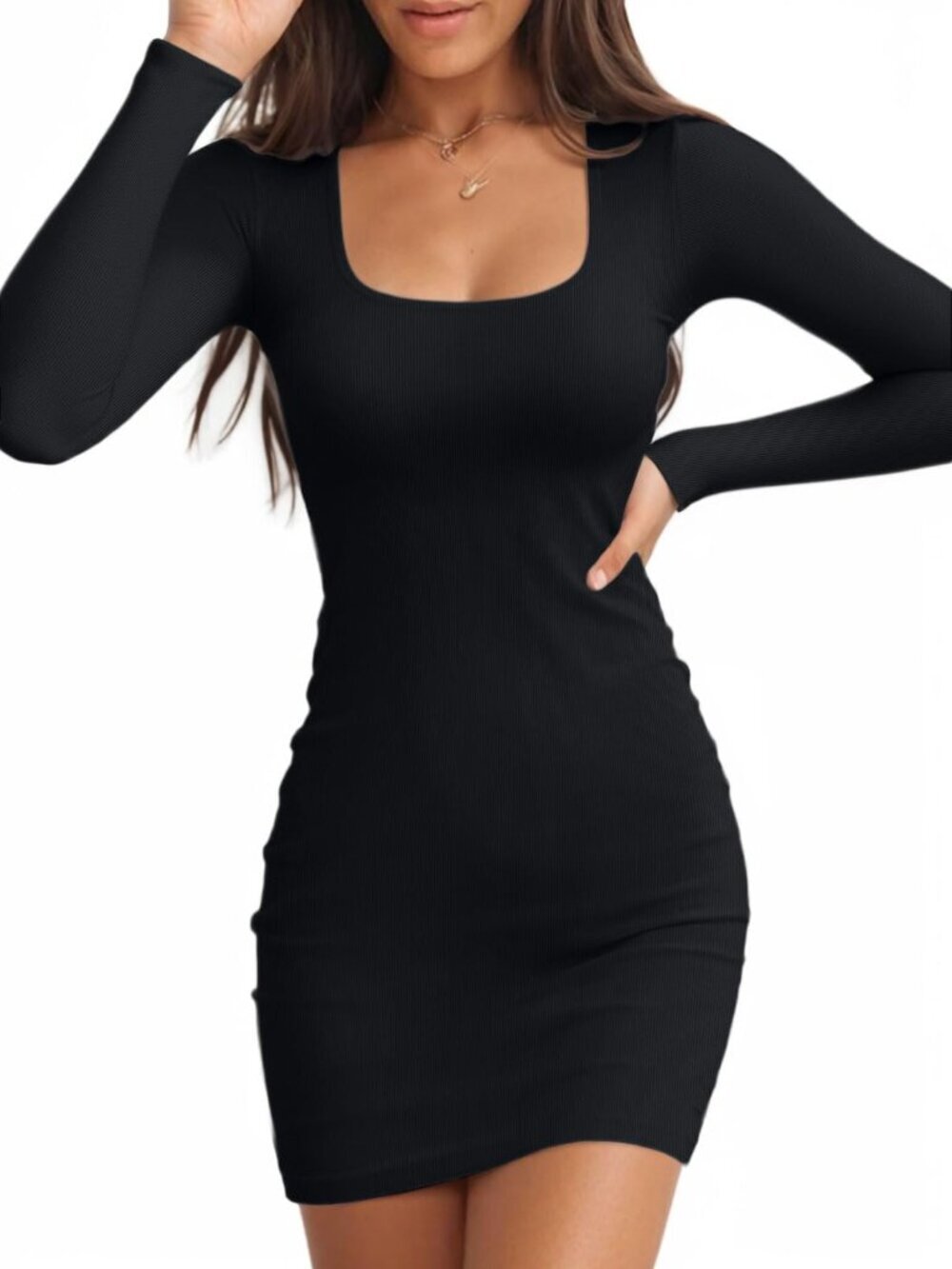 🆕 Women's Dress Square Neck Long Sleeve Ribbed Knit Slim Fitted Basic Bodycon